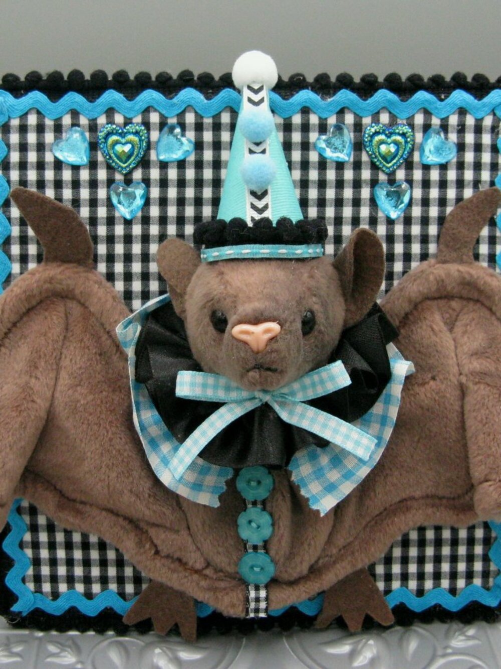 Plush Taxidermy Clown Bat Plushie Plaque Upcycled Wall Art